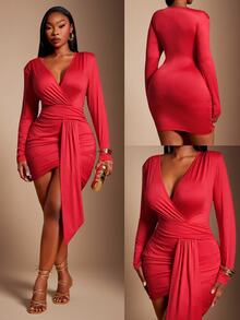 SHEIN SXY Red High Elasticity Knit Deep V-Neck Ruched Ribbon Long Sleeve Mini Dress Fall - Red - View 8