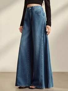 Anewsta Essential Women's Side Pleated Design Casual Vacation Style Blue Jeans Wide Leg Pants - Blue - View 3