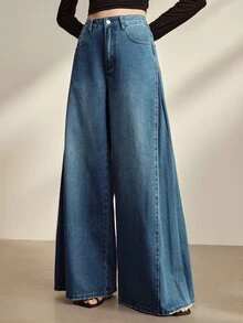 Anewsta Essential Women's Side Pleated Design Casual Vacation Style Blue Jeans Wide Leg Pants - Blue - View 1