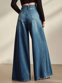 Anewsta Essential Women's Side Pleated Design Casual Vacation Style Blue Jeans Wide Leg Pants - Blue - View 8