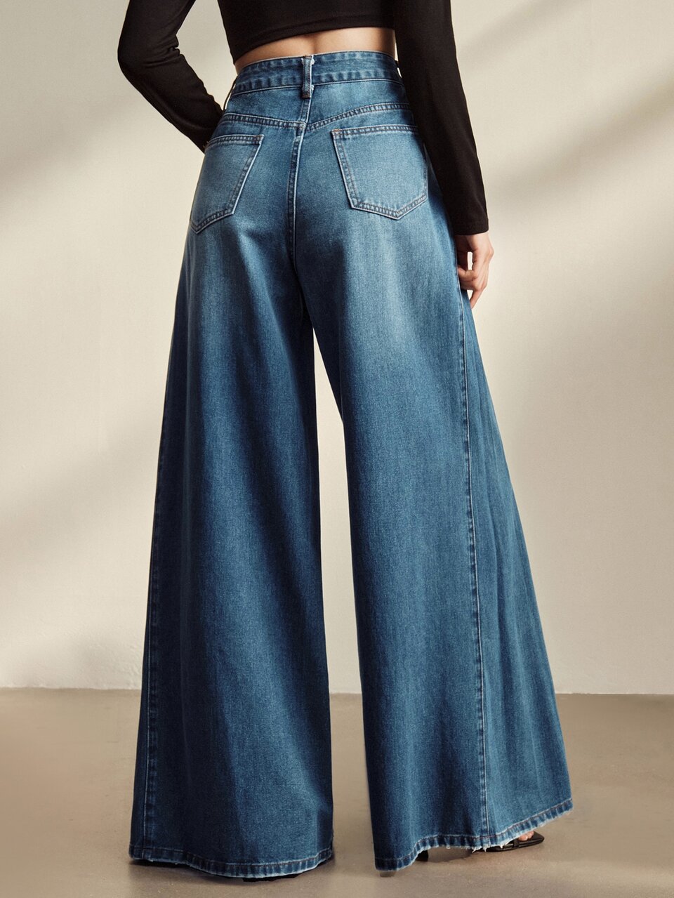 Anewsta Women's Side Pleated Design Casual Vacation Style Blue Jeans Wide Leg Pants