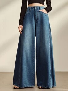 Anewsta Essential Women's Side Pleated Design Casual Vacation Style Blue Jeans Wide Leg Pants - Blue - View 5
