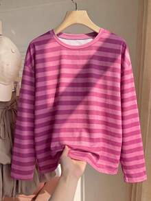 Comfortcana Kaos Lengan Panjang Kerah Bulat Gaya Korea Minimalis Bergaris Warna Blok Ukuran Besar - Watermelon Pink - View 3