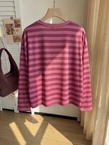 Comfortcana Kaos Lengan Panjang Kerah Bulat Gaya Korea Minimalis Bergaris Warna Blok Ukuran Besar - Watermelon Pink - View 6