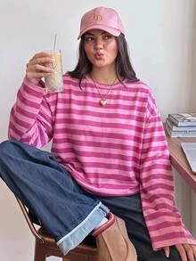Comfortcana Kaos Lengan Panjang Kerah Bulat Gaya Korea Minimalis Bergaris Warna Blok Ukuran Besar - Watermelon Pink - View 1