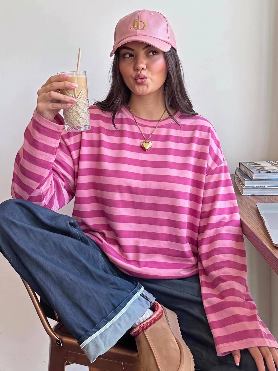 Comfortcana Kaos Lengan Panjang Kerah Bulat Gaya Korea Minimalis Bergaris Warna Blok Ukuran Besar - Watermelon Pink - View 1