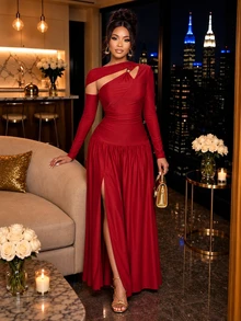 SOLERSUN Women's Dark Red One Shoulder Maxi Dress Cutout Neck Long Sleeve Ruched Waist Side Split Evening Party Dinner Autumn Sexy - Red - View 8