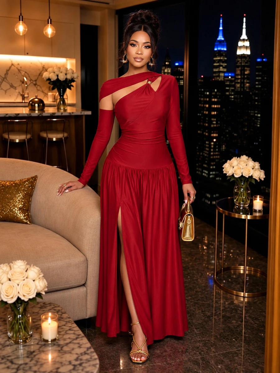 SOLERSUN Women's Dark Red One Shoulder Maxi Dress Cutout Neck Long Sleeve Ruched Waist Side Split Evening Party Dinner Autumn Sexy - Red - View 1