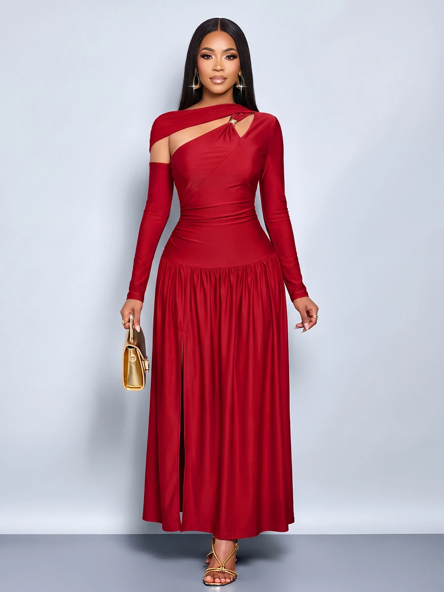 SOLERSUN Women's Dark Red One Shoulder Maxi Dress Cutout Neck Long Sleeve Ruched Waist Side Split Evening Party Dinner Autumn Sexy