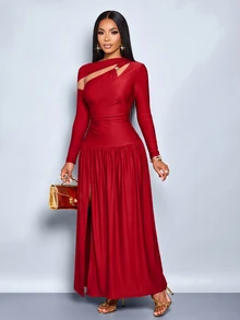 SOLERSUN Women's Dark Red One Shoulder Maxi Dress Cutout Neck Long Sleeve Ruched Waist Side Split Evening Party Dinner Autumn Sexy - Red - View 6
