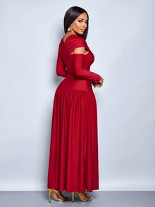 SOLERSUN Women's Dark Red One Shoulder Maxi Dress Cutout Neck Long Sleeve Ruched Waist Side Split Evening Party Dinner Autumn Sexy - Red - View 3