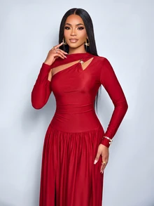 SOLERSUN Women's Dark Red One Shoulder Maxi Dress Cutout Neck Long Sleeve Ruched Waist Side Split Evening Party Dinner Autumn Sexy - Red - View 7