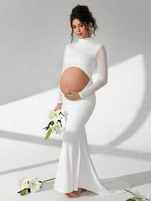 Cheriluna Maternity 孕妇摄影礼服，长袖立领，腰部镂空，露背，鱼尾下摆，及地长裙 - 白色 - 查看 2