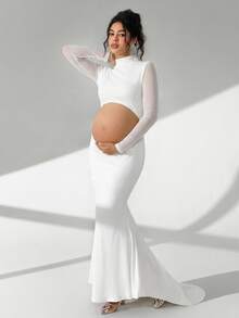 Cheriluna Maternity 孕妇摄影礼服，长袖立领，腰部镂空，露背，鱼尾下摆，及地长裙 - 白色 - 查看 6