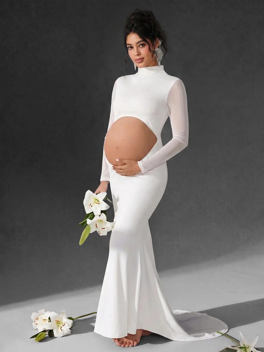 Cheriluna Maternity 孕妇摄影礼服,长袖立领,腰部镂空,露背,鱼尾下摆,及地长裙 - 白色 - 查看 1