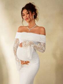 Cheriluna Maternity 優雅孕婦蕾絲白色夏季攝影禮服，孕婦奢華拍照套裝，特殊場合婚禮派對冬季禮服 - 白色 - 查看 6