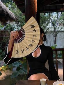 Vionelle Plus Size New Chinese Style Hot Girl Contrast Binding Hollow Chest Modified Cheongsam Dress Long Sleeve High Slit Bodycon Bodycon Mini Skirt Fall - Black - View 5