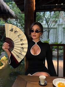 Vionelle Plus Size New Chinese Style Hot Girl Contrast Binding Hollow Chest Modified Cheongsam Dress Long Sleeve High Slit Bodycon Bodycon Mini Skirt Fall - Black - View 4