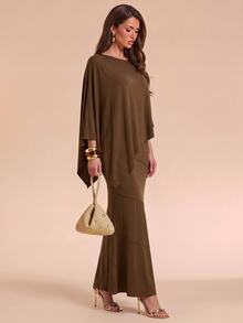 Bluhae Set Elegan Atasan dan Rok Duyung Warna Polos Model Hem Asimetris untuk Wanita Musim Gugur/Dingin - Coffee Brown - View 3