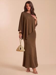 Bluhae Set Elegan Atasan dan Rok Duyung Warna Polos Model Hem Asimetris untuk Wanita Musim Gugur/Dingin - Coffee Brown - View 1