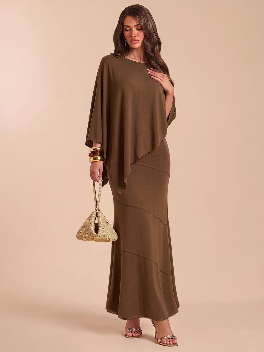 Bluhae Set Elegan Atasan dan Rok Duyung Warna Polos Model Hem Asimetris untuk Wanita Musim Gugur/Dingin - Coffee Brown - View 1
