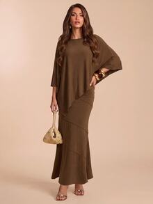Bluhae Set Elegan Atasan dan Rok Duyung Warna Polos Model Hem Asimetris untuk Wanita Musim Gugur/Dingin - Coffee Brown - View 5