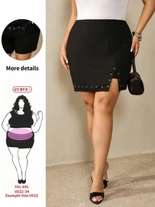 SHEIN CURVE+ Plus Size 22W Autumn/Winter New Solid Color Hollow Side Slit Black Mini Skirt, Suitable For Holiday Parties, Sexy Commute, Fits Plus Size 5XL Women - Black - View 2