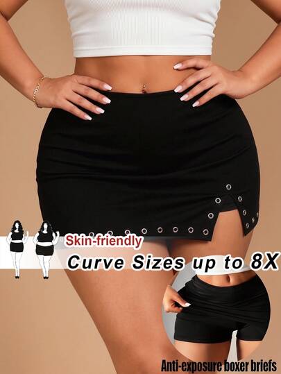 SHEIN CURVE+ Plus Size 22W Autumn/Winter New Solid Color Hollow Side Slit Black Mini Skirt, Suitable For Holiday Parties, Sexy Commute, Fits Plus Size 5XL Women