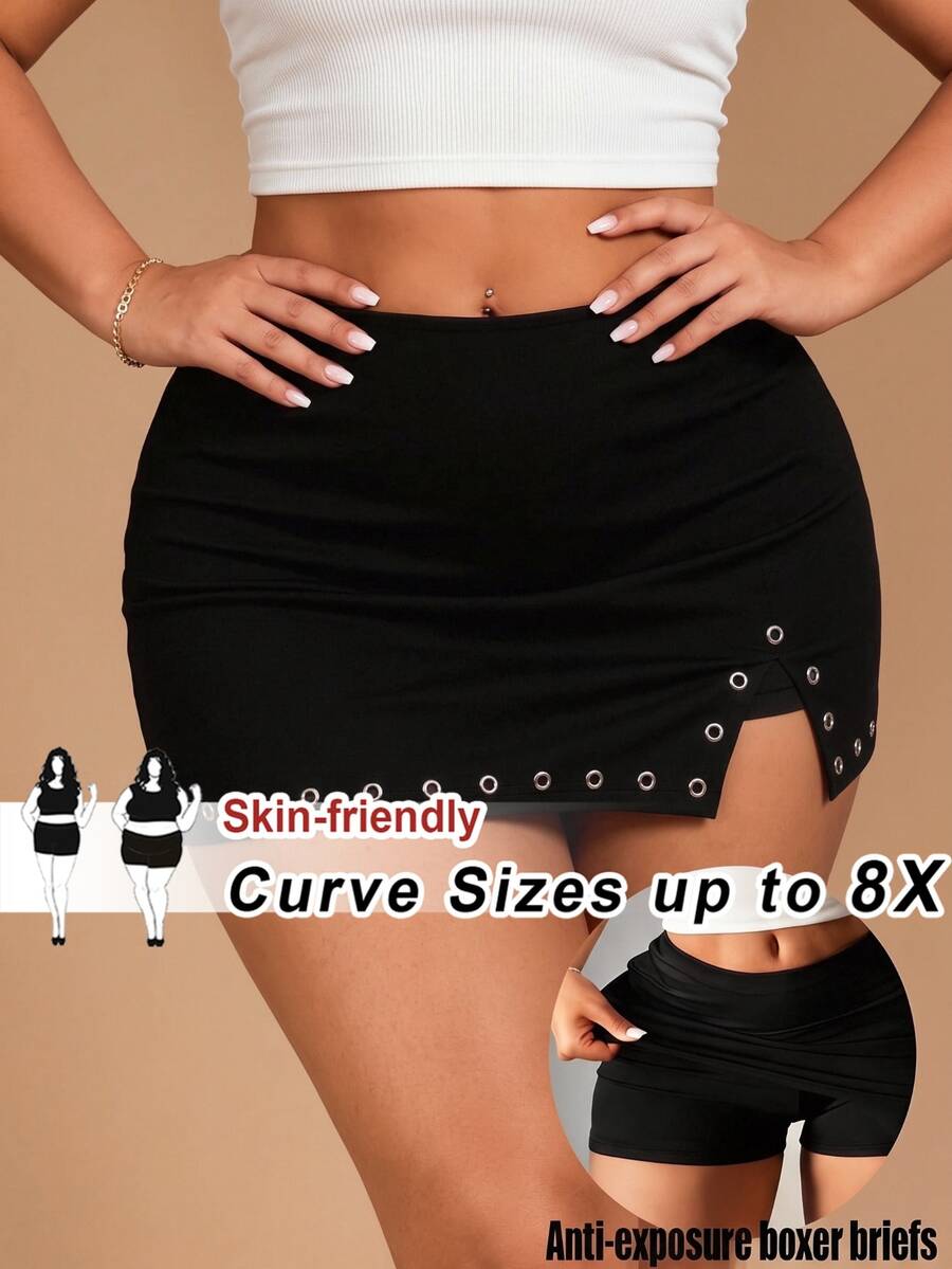 SHEIN CURVE+ Plus Size 22W Autumn/Winter New Solid Color Hollow Side Slit Black Mini Skirt, Suitable For Holiday Parties, Sexy Commute, Fits Plus Size 5XL Women - Black - View 1