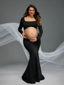 Cheriluna Maternity Pregnant Women Solid Color Hollow Fishtail Photo Dress For Maternity Photoshoot, Halloween - Black - View 6