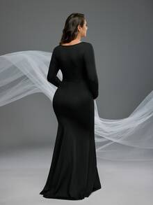 Cheriluna Maternity Pregnant Women Solid Color Hollow Fishtail Photo Dress For Maternity Photoshoot, Halloween - Black - View 3