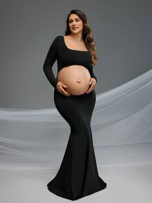 Cheriluna Maternity Pregnant Women Solid Color Hollow Fishtail Photo Dress For Maternity Photoshoot, Halloween - Black - View 2