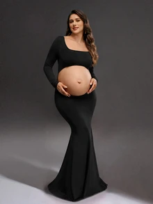 Cheriluna Maternity Pregnant Women Solid Color Hollow Fishtail Photo Dress For Maternity Photoshoot, Halloween - Black - View 1