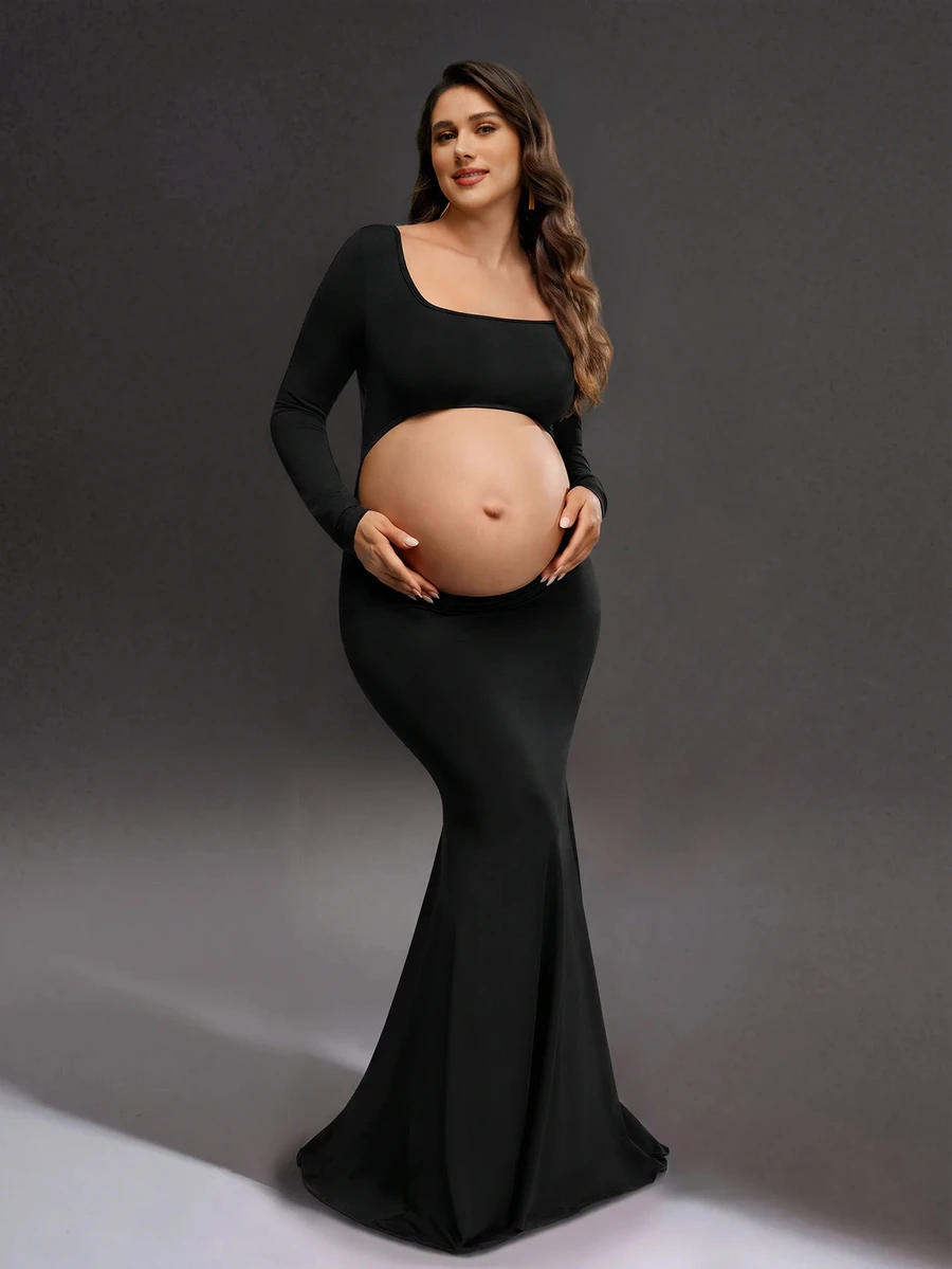 Cheriluna Maternity Pregnant Women Solid Color Hollow Fishtail Photo Dress For Maternity Photoshoot, Halloween - Black - View 1