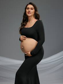 Cheriluna Maternity Pregnant Women Solid Color Hollow Fishtail Photo Dress For Maternity Photoshoot, Halloween - Black - View 5