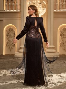 Glamrae Plus Size Coffee Color Long Sleeve Sweetheart Neckline 3D Floral Patchwork Long Tassel Heavy Embellished Cocktail Ball Evening Gown - Coffee Brown - View 2