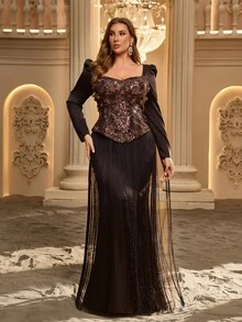 Glamrae Plus Size Coffee Color Long Sleeve Sweetheart Neckline 3D Floral Patchwork Long Tassel Heavy Embellished Cocktail Ball Evening Gown - Coffee Brown - View 9