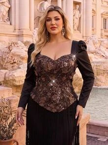Glamrae Plus Size Coffee Color Long Sleeve Sweetheart Neckline 3D Floral Patchwork Long Tassel Heavy Embellished Cocktail Ball Evening Gown - Coffee Brown - View 4