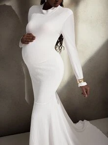 Cheriluna Maternity Maternity Fashionable Party Solid Color Flared Mermaid Dress - White - View 5