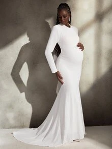 Cheriluna Maternity Maternity Fashionable Party Solid Color Flared Mermaid Dress - White - View 4