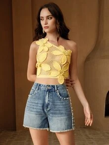 Anewsta Fashionable Washed Blue Studded Denim Shorts - Blue - View 7