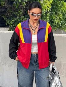 SHEIN EZwear 秋冬休閒街頭風多色拼接大尺碼女款前拉鍊夾克，適合秋季旅行與外出，紅色 - 紅色 - 查看 4