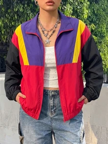 SHEIN EZwear 秋冬休閒街頭風多色拼接大尺碼女款前拉鍊夾克，適合秋季旅行與外出，紅色 - 紅色 - 查看 1