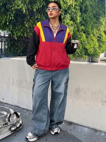 SHEIN EZwear 秋冬休閒街頭風多色拼接大尺碼女款前拉鍊夾克，適合秋季旅行與外出，紅色 - 紅色 - 查看 3