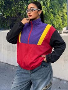 SHEIN EZwear 秋冬休閒街頭風多色拼接大尺碼女款前拉鍊夾克，適合秋季旅行與外出，紅色 - 紅色 - 查看 5