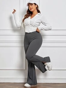 SHEIN EZwear 秋冬休閒深灰色大尺碼女款側開衩喇叭褲 - 深灰色 - 查看 4