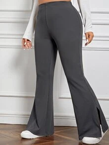SHEIN EZwear 秋冬休閒深灰色大尺碼女款側開衩喇叭褲 - 深灰色 - 查看 5
