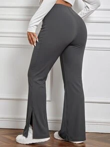SHEIN EZwear 秋冬休閒深灰色大尺碼女款側開衩喇叭褲 - 深灰色 - 查看 2