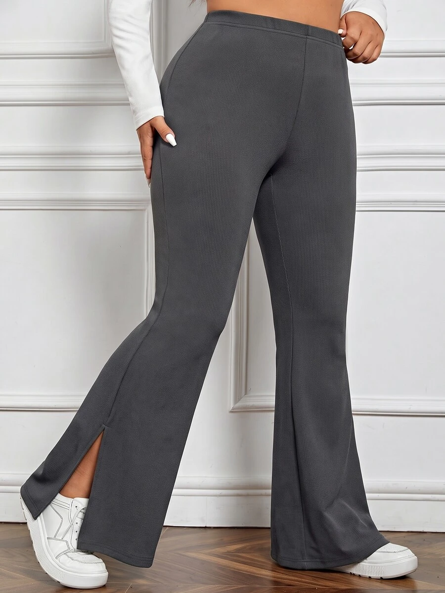 SHEIN EZwear 秋冬休閒深灰色大尺碼女款側開衩喇叭褲 - 深灰色 - 查看 1