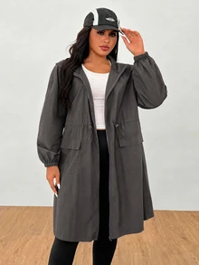 SHEIN EZwear Dark Gray Plus Size Women's Waterproof Hooded Jacket With Zipper Front - Dark Grey - View 8
